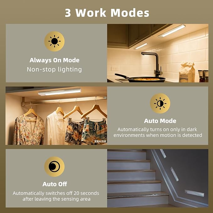 16inch Under Cabinet Lighting, 4 Pack Rechargeable Motion Sensor Light Indoor, Wireless Dimmable Magnetic Closet Lights, 68 LED Under Counter Lights for Kitchen, Wardrobe, Stairs, Warm Light