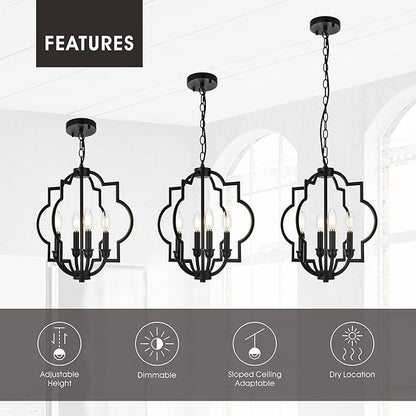 4-Light Black Farmhouse Chandelier, 15.6" Rustic Geometric Pendant Light Fixtures, Adjustable Height Metal Industrial Hanging Light for Kitchen Island Dining Room Hallway Foyer Entryway