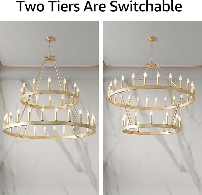 HHR 48" Gold Wagon Wheel Chandelier 2 Tiers, 36-Light Large Farmhouse Chandelier for High Ceilings, Round Rustic Pendant Light Fixture for Foyer, Entryway, Dining Room, E12
