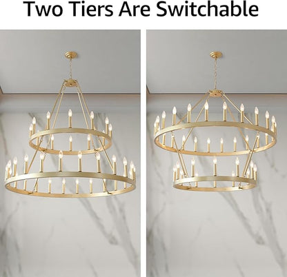 HHR 48" Gold Wagon Wheel Chandelier 2 Tiers, 36-Light Large Farmhouse Chandelier for High Ceilings, Round Rustic Pendant Light Fixture for Foyer, Entryway, Dining Room, E12