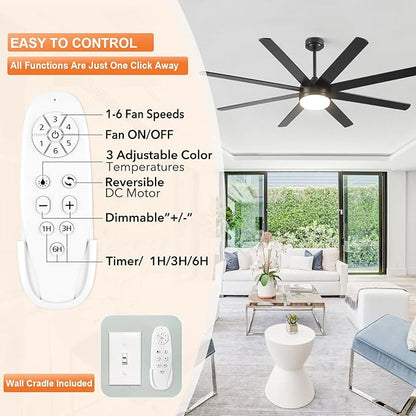 YUHAO 62 Inch Black Ceiling Fan with Light and Remote Control.Noiseless,Dimmable,3CCT,6 Speeds Reversible, DC Ceiling Fans for Indoor or Covered Outdoor Use.ETL Listed