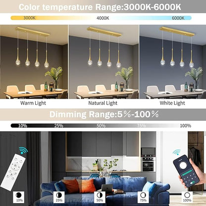 4-Lights Modern Pendant Lights for Kitchen Island LED Dimmable Crystal Glam Ceiling Pendant Lighting Chandelier for Dining Room Hallway Bedroom Gold