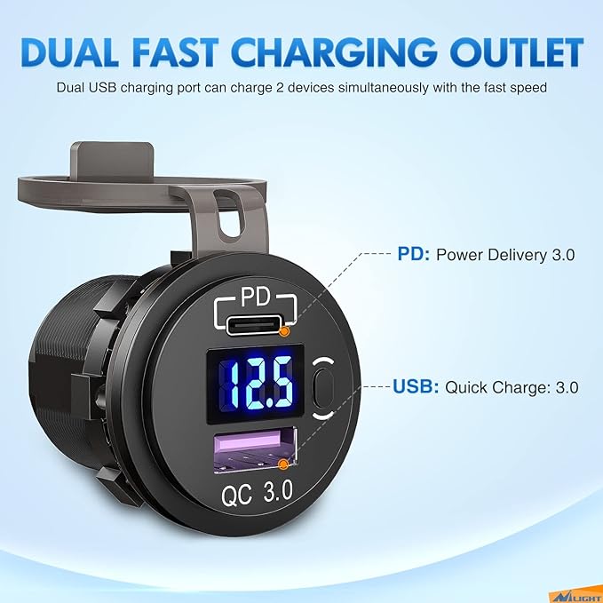 Nilight USB Socket PD Type C and QC 3.0 USB Fast 12V 24V Car Outlet Voltmeter ON OFF Switch Fused Wire Kit Dual Power for Cars Trucks Vans RVs