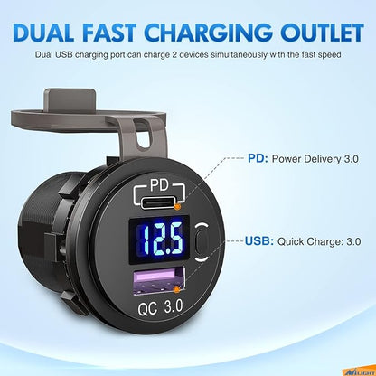 Nilight USB Socket PD Type C and QC 3.0 USB Fast 12V 24V Car Outlet Voltmeter ON OFF Switch Fused Wire Kit Dual Power for Cars Trucks Vans RVs