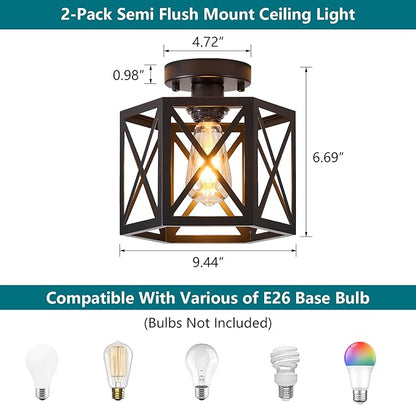 XSDeTu 2 Pack Farmhouse Semi Flush Mount Ceiling Light, Industrial Black Hallway Light Fixture, Small Metal Cage Close to Ceiling Lights for Kitchen Sink Porch Bedroom