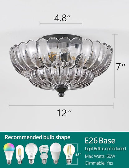 Semi Flush Mount Ceiling Light, Smoky Gray Glass Ceiling Light Fixture, 3-Bulb Modern Black Close to Ceiling Light, Vintage Glass Ceiling Lights for Bedroom Kitchen Living Room, Bulb Not Included