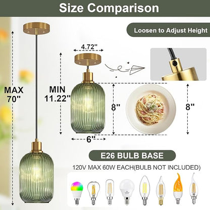 2 Pack Pendant Lights with Vintage Green Ribbed Glass Lampshade, Adjustable Brushed Gold Pendant Lights Fixtures for Kitchen Island Lighting Sink, Dining & Living Room Hallway (Bulbs Not Included)