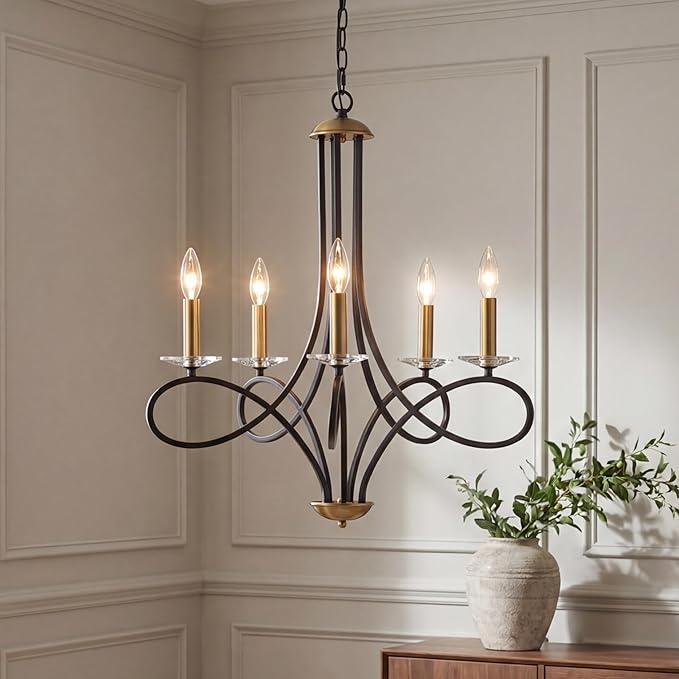 Saint Mossi 5-Lights Black and Gold Modern Chandelier Light Fixture, Modern Pendant Light Contemporary Chandelier for Living Room,Dining Room,H17 xD27, Crystal Candlesticks, Chain Adjustable