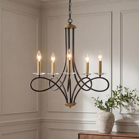 Saint Mossi 5-Lights Black and Gold Modern Chandelier Light Fixture, Modern Pendant Light Contemporary Chandelier for Living Room,Dining Room,H17 xD27, Crystal Candlesticks, Chain Adjustable