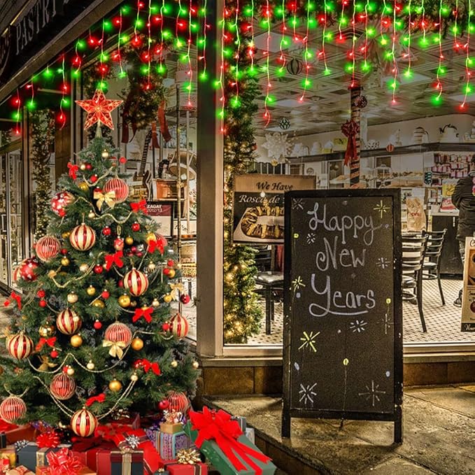 KNONEW Christmas Lights Outdoor Decorations 400 LED 33ft 8 Modes Curtain Fairy String Light with 75 Drops, Clear Wire LED String Light Indoor Decor for Wedding Party Christmas (Red and Green)