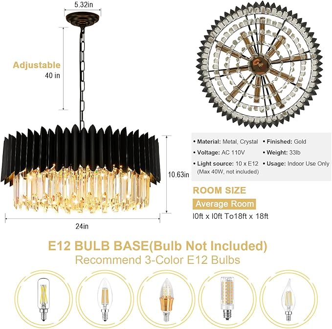 Modern Black Crystal Chandelier 24" 10-Light 5-Tier K9 Crystal Round Pendant Light Large Crystal Chandeliers for Dining Room Living Room Kitchen Island