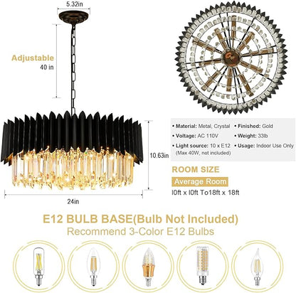 Modern Black Crystal Chandelier 24" 10-Light 5-Tier K9 Crystal Round Pendant Light Large Crystal Chandeliers for Dining Room Living Room Kitchen Island