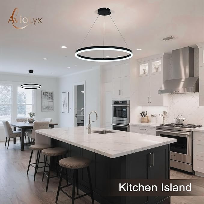 Modern LED Chandelier Black High Ceiling Ring Chandeliers with Remote Control Circular Pendant Light Dimmable for Dining Room Living Room Bedroom Hallway Kitchen Island(3000K-6500K D23.6)