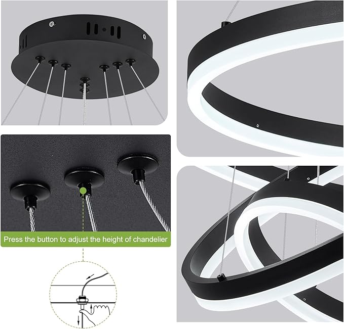 Benkut 3-Rings Modern LED Chandelier Black Dimmable Pendant Lighting with Remote Control Circular Flush Mount High Ceiling Light for Dining Room Living Room Entrance Foyer, 3000K-6500K D23.6in