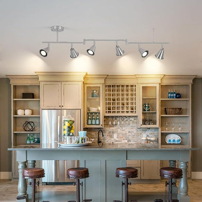 6-Light Modern Track Lighting Fixtures Ceiling, Flexible Foldable Arm and Rotatable Light Head,Nickel Kitchen Track Lighting for Kitchen Islands, Dining Rooms, Bars, Closets, Workbenches.