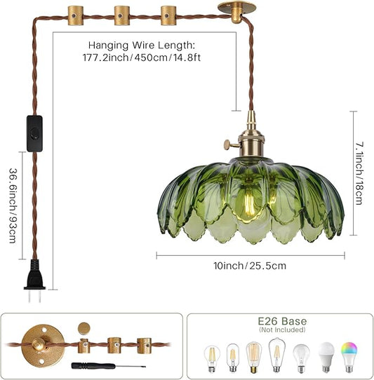 Vintage Green Flower Glass Pendant Light, Hanging Ceiling Lamp Fixture for Kitchen Island, Bedroom, Dining Room, Living Room, Plug in Lighting