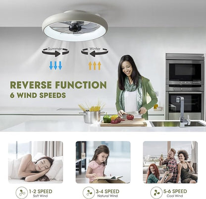 LUDOMIDE Ceiling Fans with Lights and Remote, 20'' Low Profile Flush Mount, 6 Wind Speeds, Modern Dimmable LED Ceiling Fan, Smart Ceiling Fan for Bedroom, Kids Room (White)