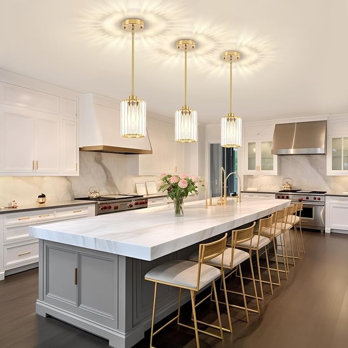 2 Pack Crystal Pendant Lights Kitchen Island, Brushed Brass Kitchen Pendant Lighting Over Island, Modern Dining Room Light Fixtures Adjustable Hanging Pendant Light for Bathroom Hallway Bedroom Foyer