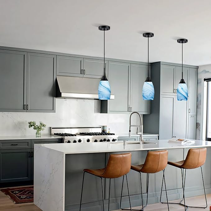 Viinew Mini Glass Pendant Light 4.72" with Handblown Blue Marble Art Glass Hanging Light 1-Pack Oval Ceiling Hanging Light Fixture for Dining Room Kitchen Island Cafe Foyer Hallway