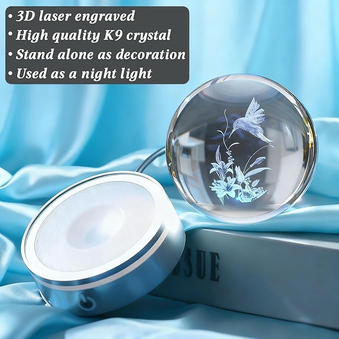Hummingbird Gifts, 3D Hummingbird 3.15 Inch (80mm) Crystal Ball Lamp with Battery Powered, RGB Color Light for Birthday Xmas Cool Upgraded Bird Figurines Gifts for Room Decor Boys Girls