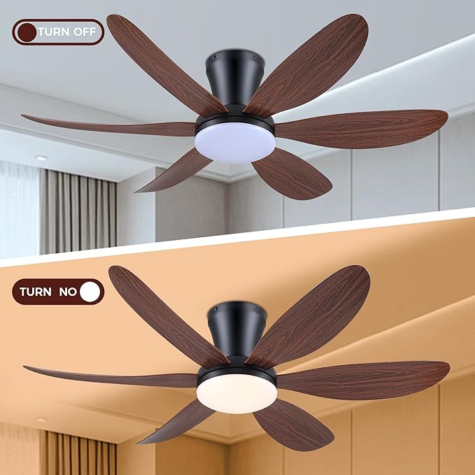 GJeg Ceiling Fans with Lights,42" Flush Mount Ceiling Fan with Light and Remote Control,Low Profile, Reversible, Dimmable, Noiseless, Black Ceiling Fan for Bedroom