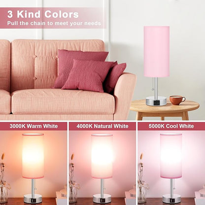 Hong-in Pink Bedside Lamp for Bedroom-Nightstand Lamps with 3 Color Modes with USB-C+A Charging Ports, 3000/4000/5000k Bedroom Lights by Pull Chain