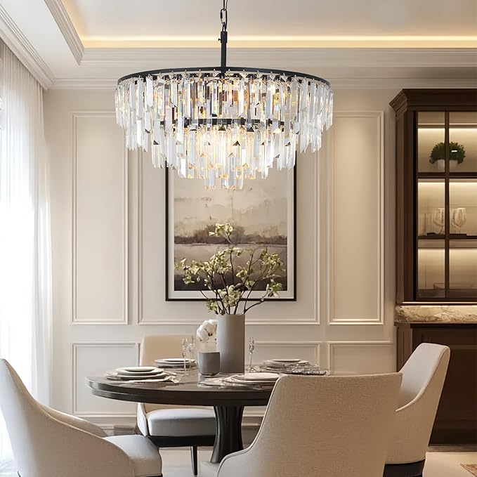 Black Crystal Chandelier for Dining Room, 24" Modern Round Top K9 Crystal Chandeliers 5-Tier 8 Lights Adjustable Ceiling Hanging Pendant Light Fixture for Living Room Bedroom Foyer