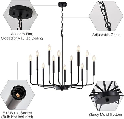 Modern Black Chandelier for Dining Room,Metal 12-Light Kitchen Light Fixtures, Farmhouse Candle Hanging Pendant Light for Living Room Entryway Foyer Bedroom (Bulbs Not Included)