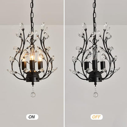 CVKASH 3 - Light Branch Crystal Chandelier Small Flush Mount Vintage Pendant Hanging Lighting Farmhouse Light Fixture for Bedroom Porch Dining Room Kitchen Hallway Foyer(Matte Black)