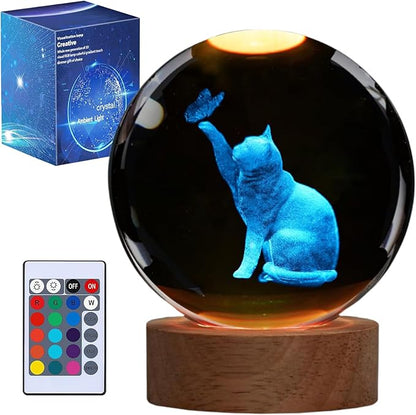 Cat Night Light, Cat Themed Gifts for Girls, K9 3.15 Inch(80mm) Crystal Ball Night Light with 16 Colors Remote Upgraded Lamp for Birthday Xmas Cool Figurines Sympathy Gifts for Room Decor Girls