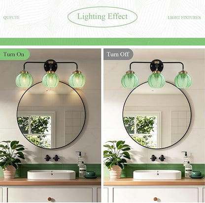 Bathroom Light Fixtures Vanity Wall 3-Light Coastal Vanity Lights Emerald Green Vintage Wall Lamp with Glass Globe Shade Modern Glass Wall Vanity Lighting for Mirror Kitchen Cabinet
