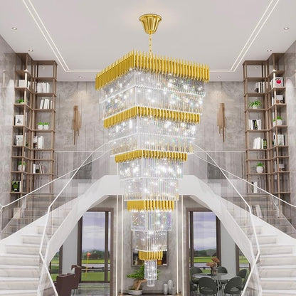 W40 x H120 Large Gold Chandeliers for High Ceiling, 37-Light Square Tiered K9 Crystal Raindrop Chandelier, Adjustable Height Luxury Pendant Light for Staircase, Villa Foyer, Entryway