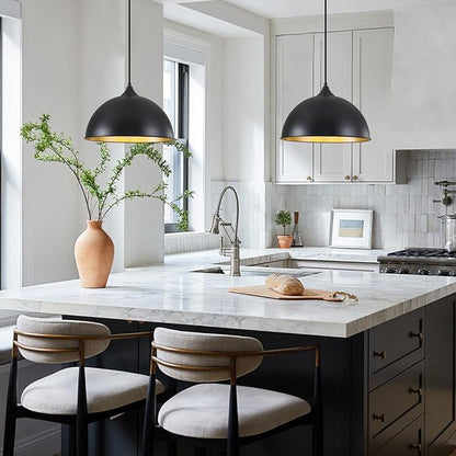 Pendant Lights Kitchen Island, 12" Black and Gold Dome Pendant Light Vintage Industrial Hanging Light Fixtures for Farmhouse Dining Room Restaurant Cafe Entryway