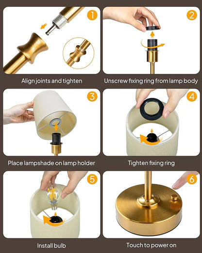 EppieBasic Cordless Table Lamp Rechargeable: Fast Charging & Long Lasting - 2700K Warm Light Small Vintage Gold Lamps - Dinning Living Room Bedroom - Beige Shade