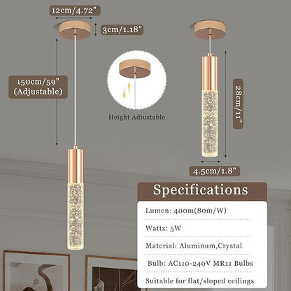 3-Pack Modern Crystal Pendant Light for Kitchen Island, Elegant Gold LED Bubble Hanging Chandelier Lighting Fixture for Dining Room Bedside