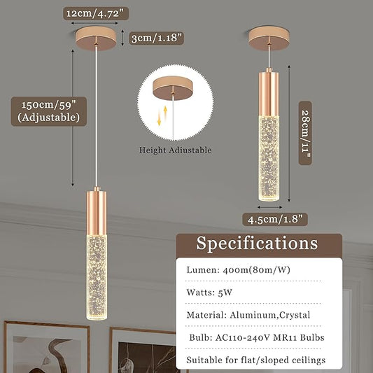 3-Pack Modern Crystal Pendant Light for Kitchen Island, Elegant Gold LED Bubble Hanging Chandelier Lighting Fixture for Dining Room Bedside