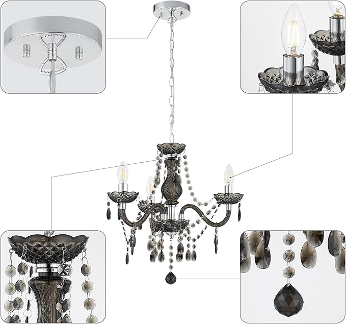 Luvkczc Black Chandelier Small Crystal Chandeliers Lighting Mini Acrylic Chandelier 3 Light Modern Pendant Light Fixtures for Restaurant, Bar, Dining Room, Bathroom