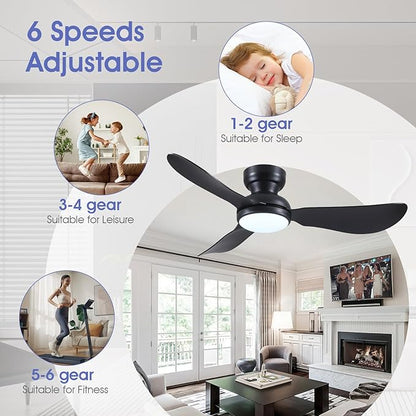 Kviflon 46 Inch Modern Ceiling Fans with Lights, Small Flush Mount Ceiling Fan with Light and Remote/APP Control, 3 Reversible Curved Blades, 6 Speeds, 3 CCT Dimmable Lights for Bedroom, Black