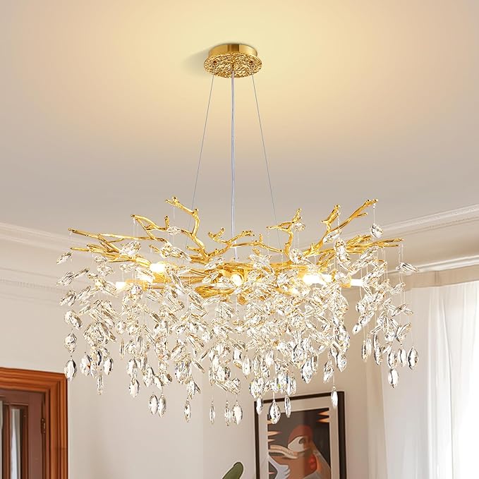 Modern Tree Branch Crystal Chandelier 30" Gold Luxury Large Pendant Lighting 10-Light Contemporary K9 Crystal Chandeliers for Dining Room Kitchen Living Room Foyer Entryway (Gold, D30-Round)
