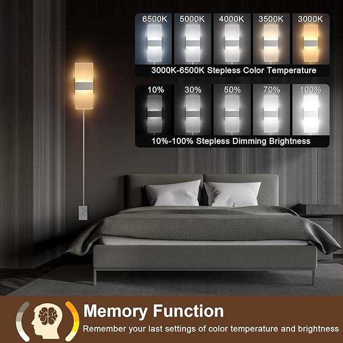 GOODATE 4 Pack Plug in Wall Sconces with Remote Control, Dimmable, Adjustable 3000K-6500K Colors, Silver 12W Acrylic LED Plug in Wall Light, Wall Lamps for Bedroom Living Room Hallway Stair