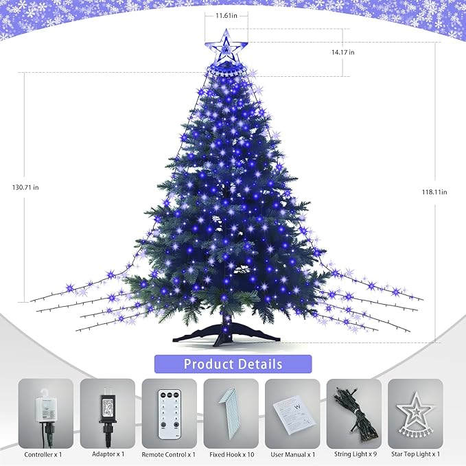 Star String Lights, 350 LED Tree Waterfall Fairy Lights, Outdoor Waterproof Christmas Decoration Lights with Remote, 16FT X 9 Hanging LED Lamp for Garden Yard Wedding Birthday Festival, Ocean Blue