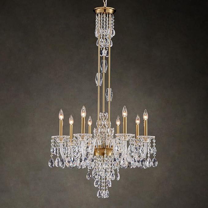 8-Light Crystal Candle Chandelier, Brass Gold Chandelier for Dining Room, Entryway & Living Room, Adjustable Height, E12 Base