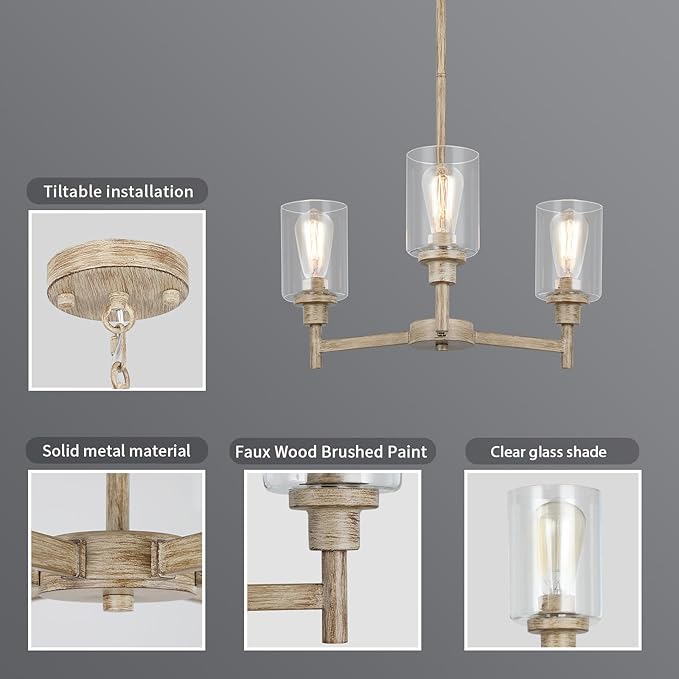 3 Light Farmhouse Chandelier | Rustic Chandeliers for Dining Room Light Fixtures | Fake Wood Hanging Lighting with Clear Glass Cover for Kitchen Island | Entryway | Bathroom | Corridor | Hallway