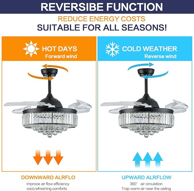 DuMaiWay 48" Dimmable Crystal Ceiling Fan Chandelier with Remote 6 Speeds, 4 Blades Retractable Fans for Bedroom Living Room Dining Room-Black