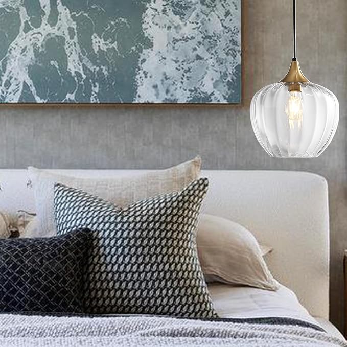 Clear Glass Pendant Lights Kitchen Island, 9" Round Lampshade Vintage Hanging Lamp Ceiling Lighting Fixtures, Gold Modern Chandelier for Dining Room Restaurant Bedroom Foyer Entryway