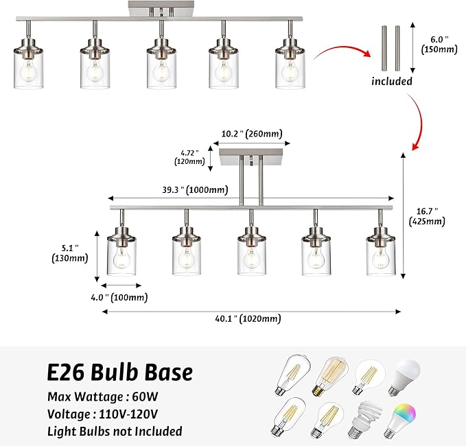 5-Light Wall/Ceiling Track Lighting Kit in Brushed Nickel Semi Flush Mount Ceiling Light with 5 Rotatable Light Heads Modern Vanity Lights for Bathroom, Clear Glass Shade