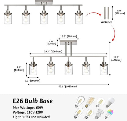 5-Light Wall/Ceiling Track Lighting Kit in Brushed Nickel Semi Flush Mount Ceiling Light with 5 Rotatable Light Heads Modern Vanity Lights for Bathroom, Clear Glass Shade