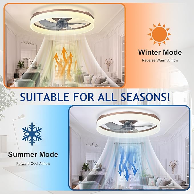 DLLT LED Ceiling Fan with Light: 20" Modern Low Profile Flush Mount Fandelier with App & Remote Control - Dimmable Brown Bladeless Fan Light Fixture for Bedroom Kids Room Living Room