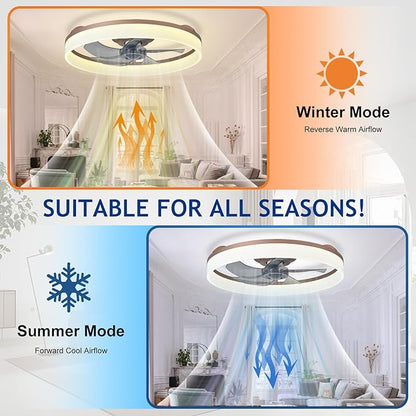 DLLT LED Ceiling Fan with Light: 20" Modern Low Profile Flush Mount Fandelier with App & Remote Control - Dimmable Brown Bladeless Fan Light Fixture for Bedroom Kids Room Living Room
