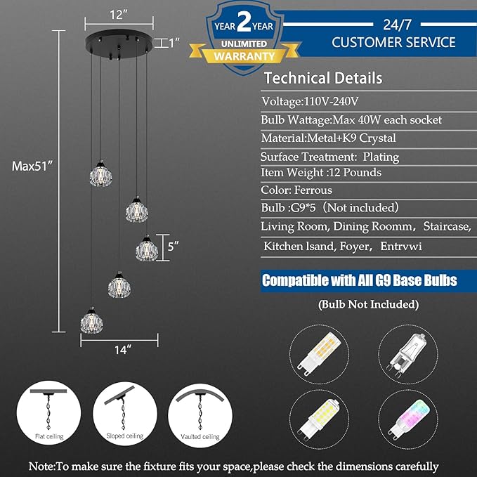 Weesalife Crystal Chandeliers for Dining Room Lights Fixture Over Table, 5-Light Black Modern Pendant Light Fixture，Crystal Chandeliers for Living Room Kitchen Island Staircases Foyer Hallway Bar